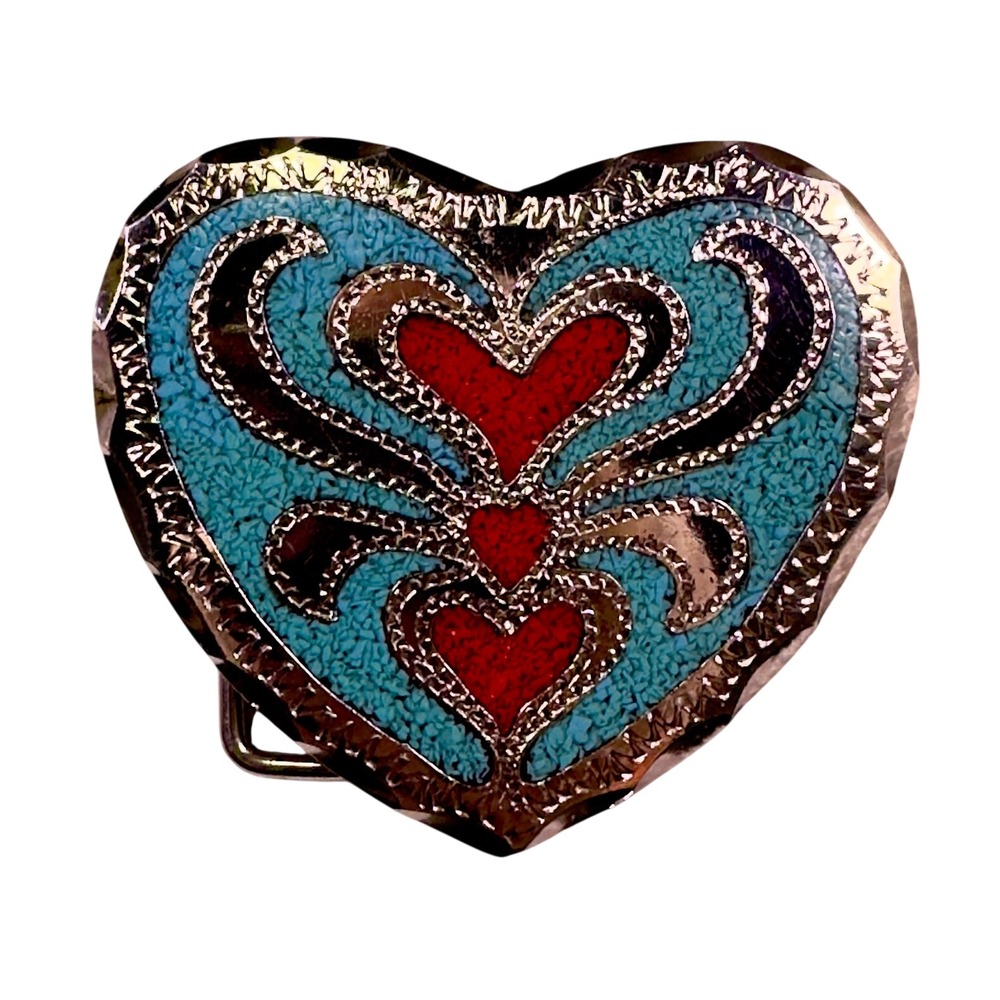 Y2K Western Heart Belt Buckle Faux Turquoise Red Inlay Silver Tone Cowgirl